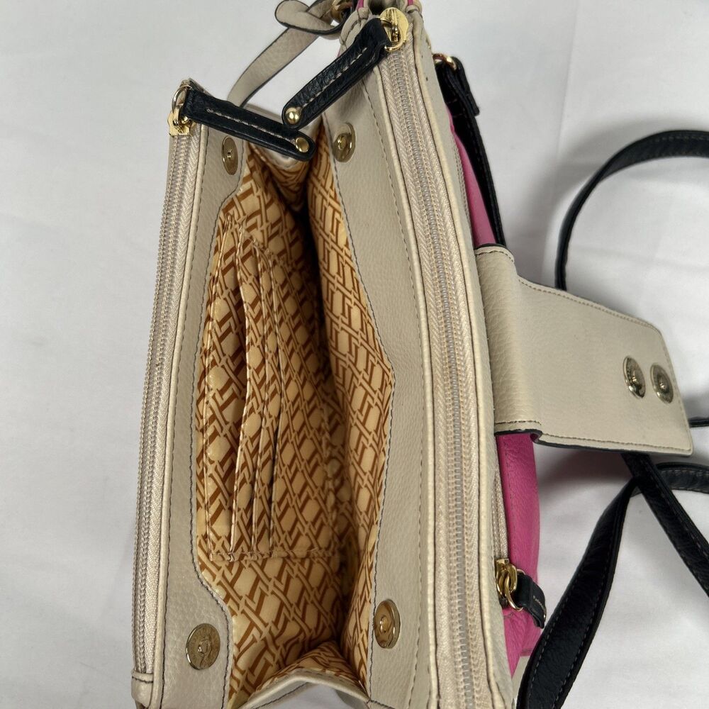 Tignanello Leather Hot Pink Taupe Crossbody Bag Purse Black Strap Barbie Preppy - Picture 14 of 16